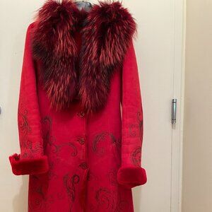 Genuine Sheepskin Fur Red Penny Lane Coat With Fox Fur Collar